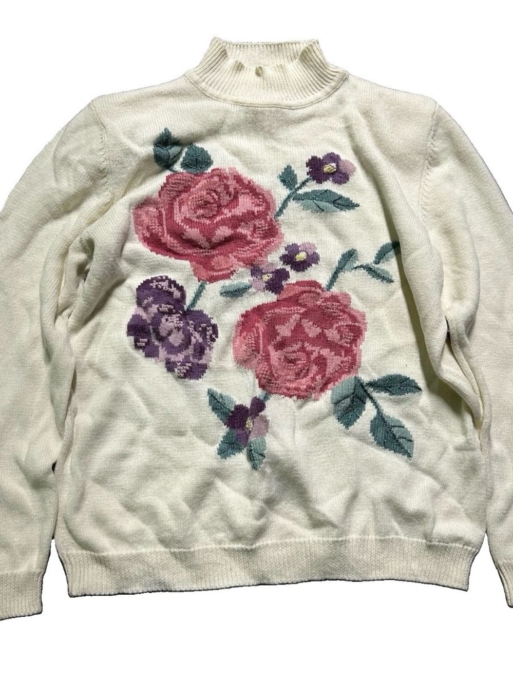 Women’s Alfred Dunner White Mock Neck Sweater Roses Size Medium